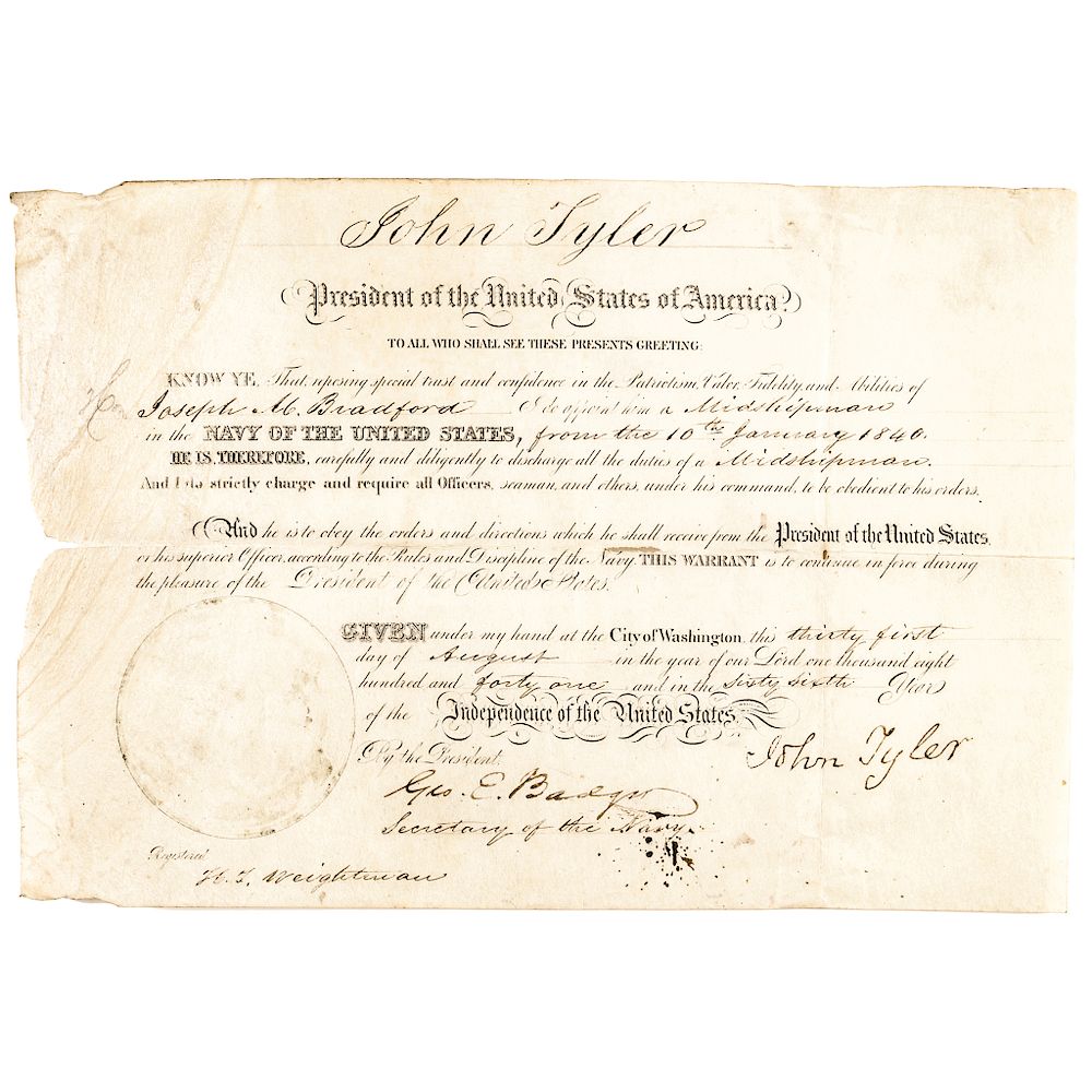 Appraisal: President JOHN TYLER NAVY OF THE UNITED STATES Appointment Autographs