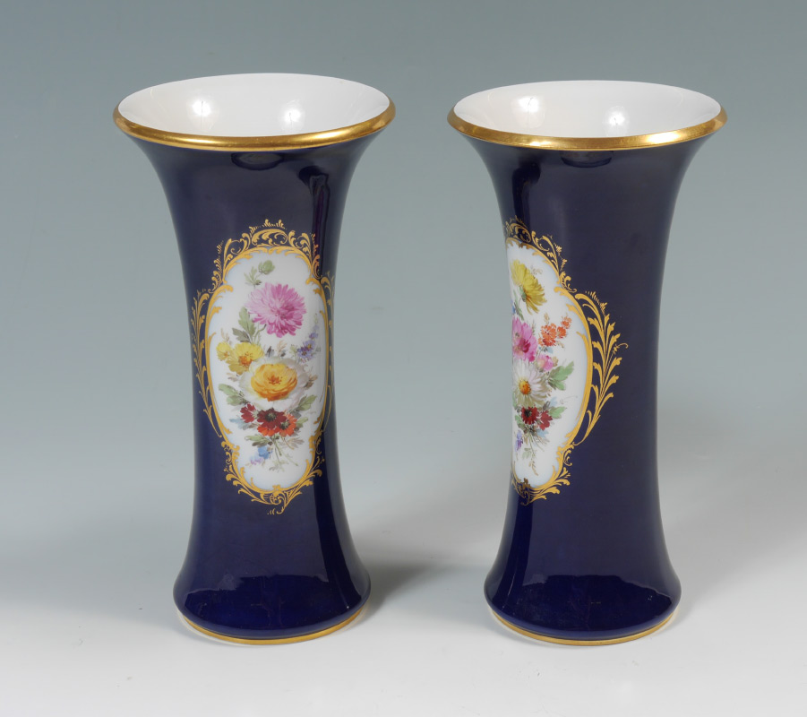 Appraisal: PAIR MEISSEN HAND PAINTED PORCELAIN VASES Parcel gilt cobalt ground