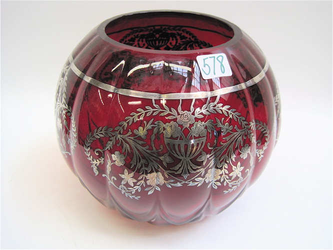 Appraisal: RUBY-RED GLASS SILVER OVERLAY ROSE BOWL decorated with silver floral