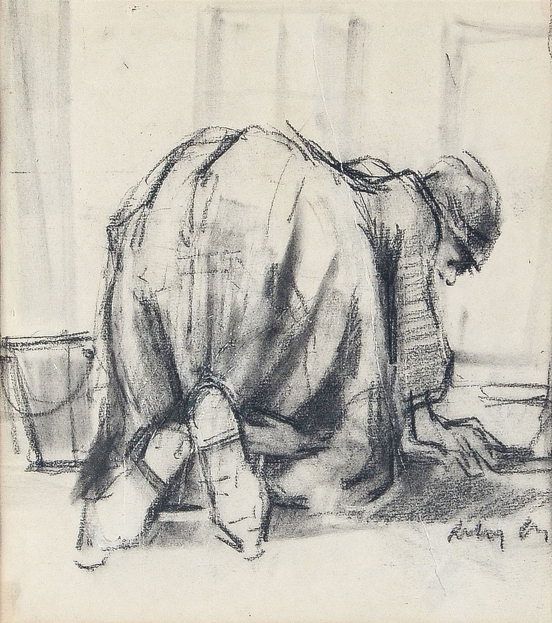 Appraisal: RILEY Harold Francis English b Woman Scrubbing the Floor Charcoal