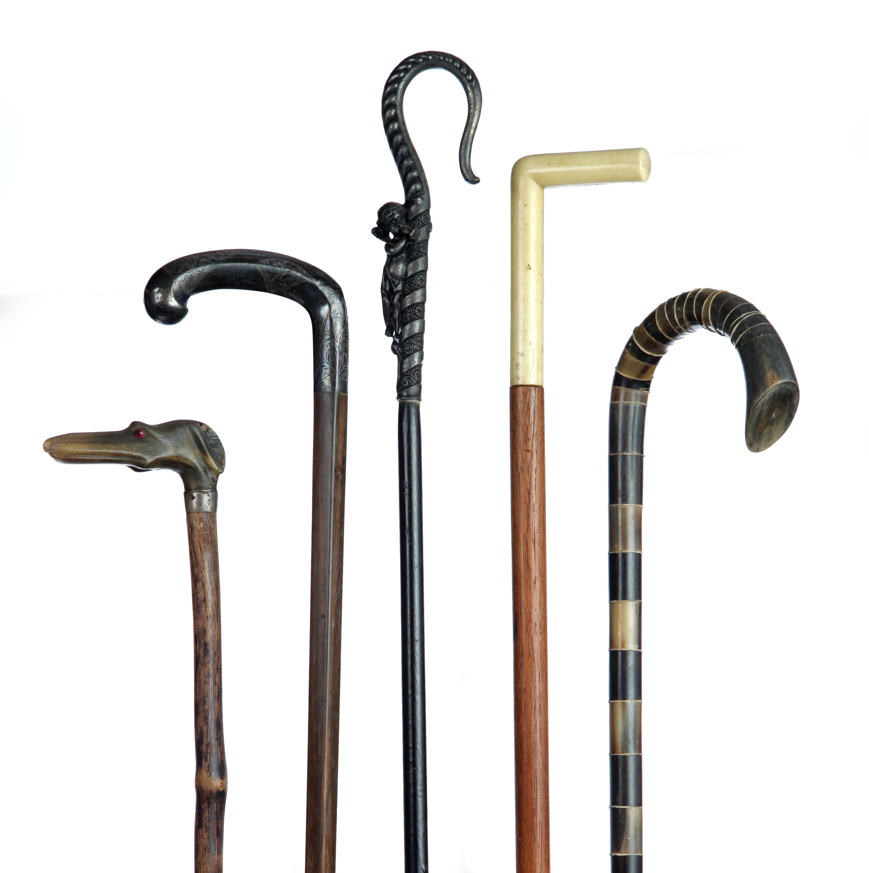 Appraisal: FIVE WALKING STICKS AND CANES American late th- th century