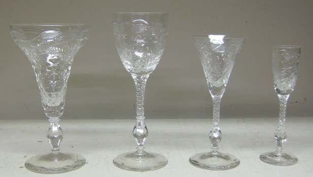 Appraisal: AMERICAN ETCHED CRYSTAL STEMWARE Fern design in four sizes comprising