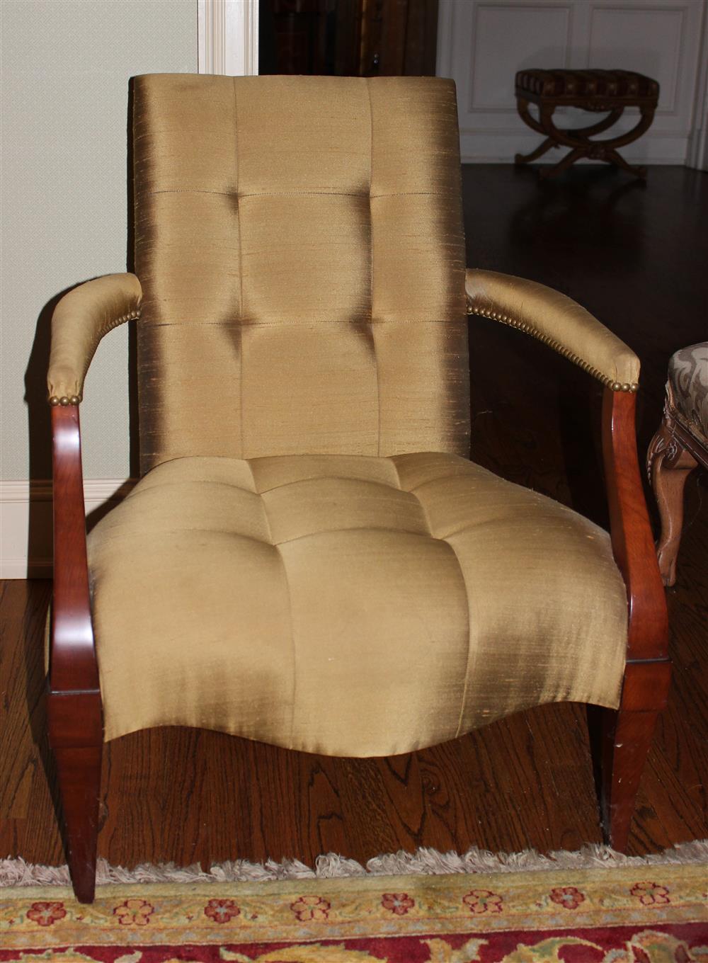 Appraisal: PAIR OF DONGHIA CONTEMPORARY SILK ARMCHAIRS WITH NAILHEAD TRIM TOGETHER