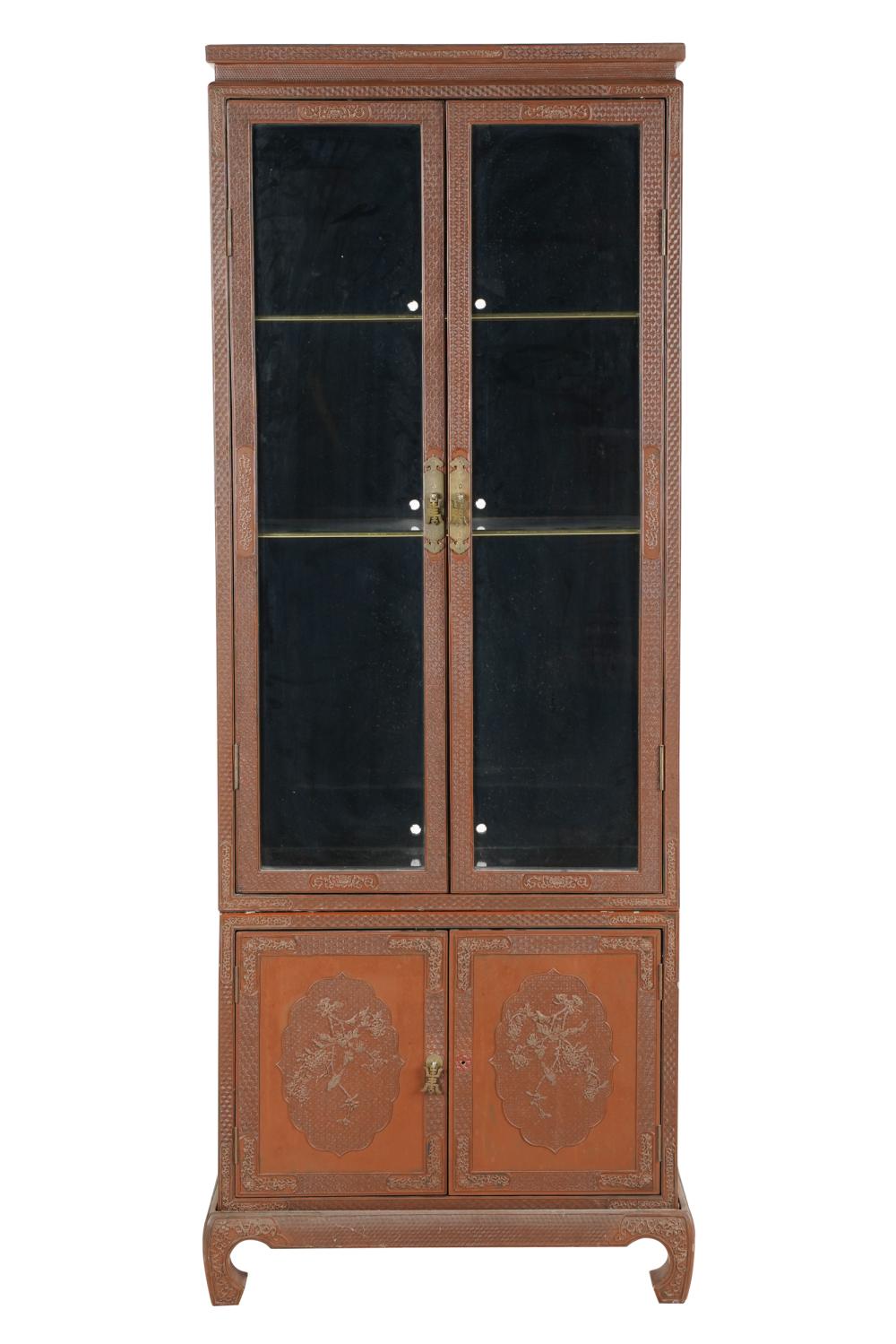 Appraisal: CHINESE STYLE LACQUERED DISPLAY CABINETwith two glazed hinged doors enclosing