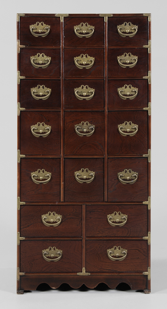 Appraisal: Brass-Mounted Hardwood Apothecary Cabinet Chinese th century figured veneers possibly