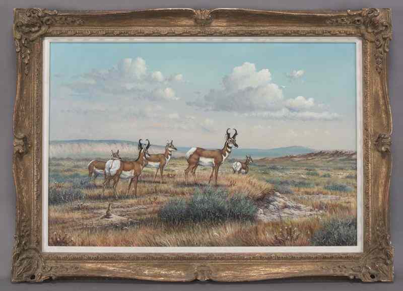 Appraisal: J W Thrasher ''Landscape with Antelope'' oilpainting on canvas Canvas