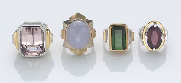 Appraisal: A collection of four gem-set k and k gold rings