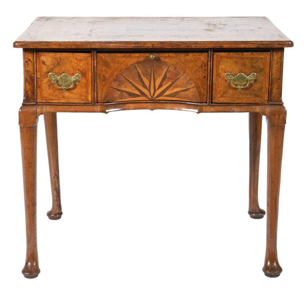 Appraisal: English crotch walnut inlaid dressing table has drawers with decorative