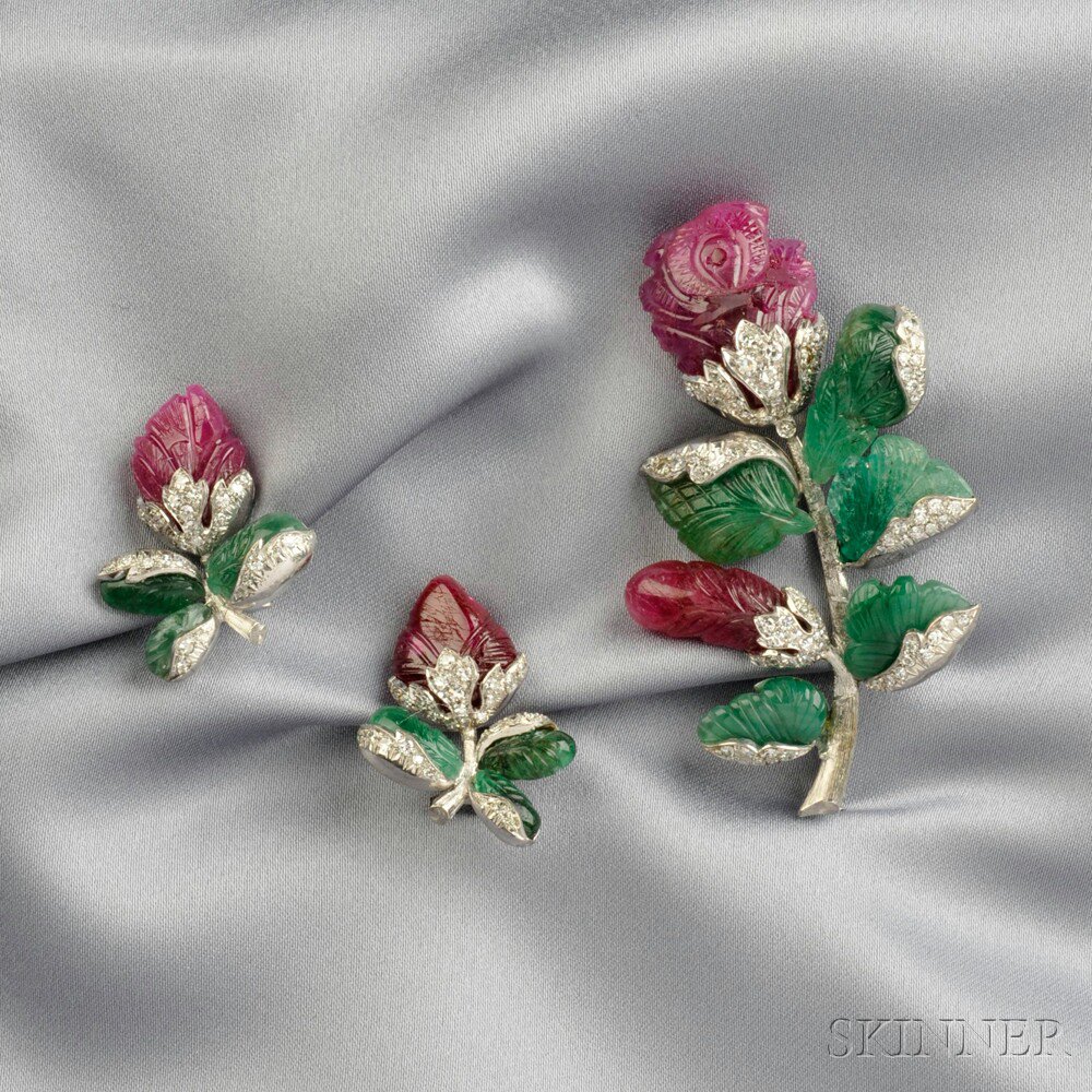 Appraisal: Carved Gemstone and Diamond Suite comprising a brooch and earclips