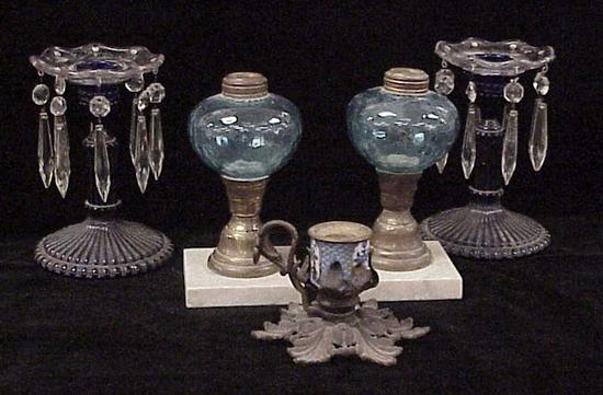 Appraisal: Two fluid lamps with blue fonts marble base small ''