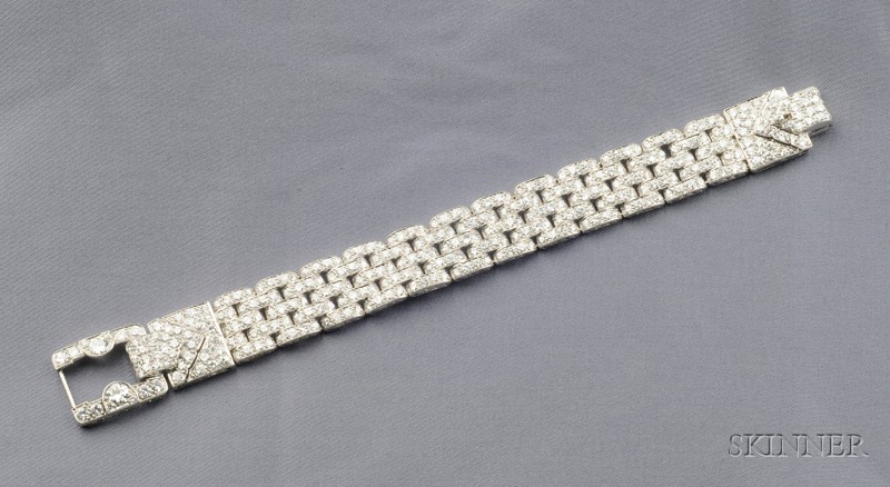 Appraisal: Art Deco Platinum and Diamond Bracelet France bead-set with full-cut