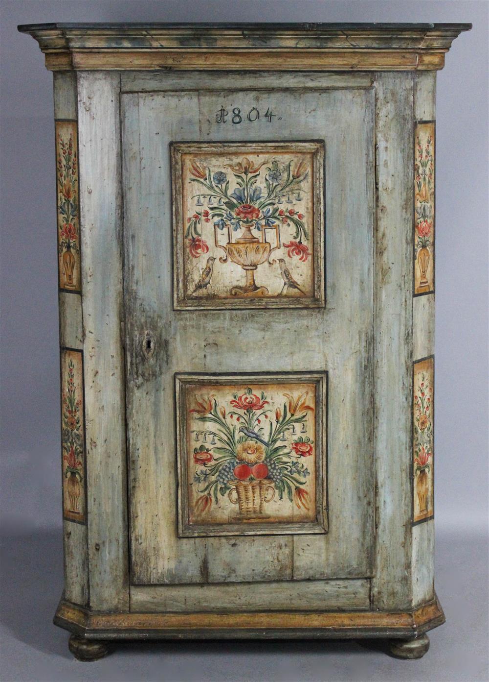 Appraisal: BELGIAN CONTINENTAL FLORAL PAINTED ARMOIRE having an outset molded cornice