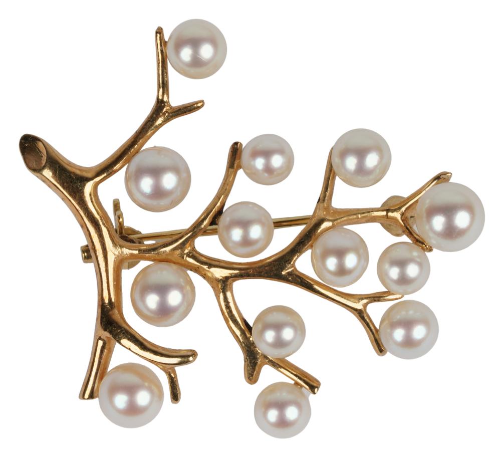 Appraisal: MIKIMOTO KARAT YELLOW GOLD PEARL 'BRANCH' BROOCHthe back signed 'K