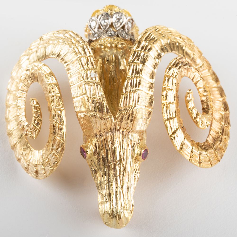 Appraisal: Ilias Lalaounis K Yellow Gold Diamond and Ruby Ram Head