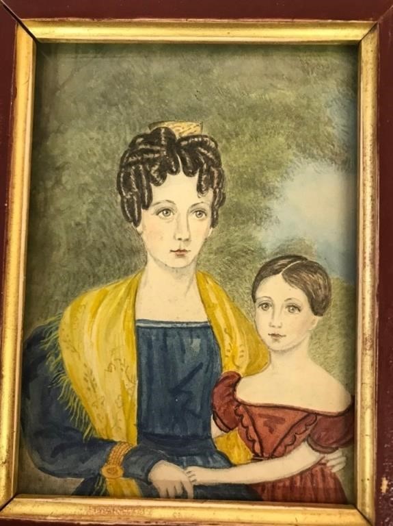 Appraisal: American watercolor miniature portrait of a mother and child early