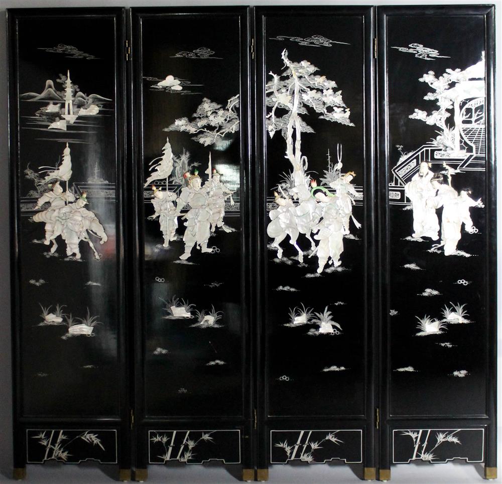 Appraisal: CHINESE FOUR-PANEL MOTHER-OF-PEARL AND BONE-INLAID BLACK LACQUER SCREEN TH C