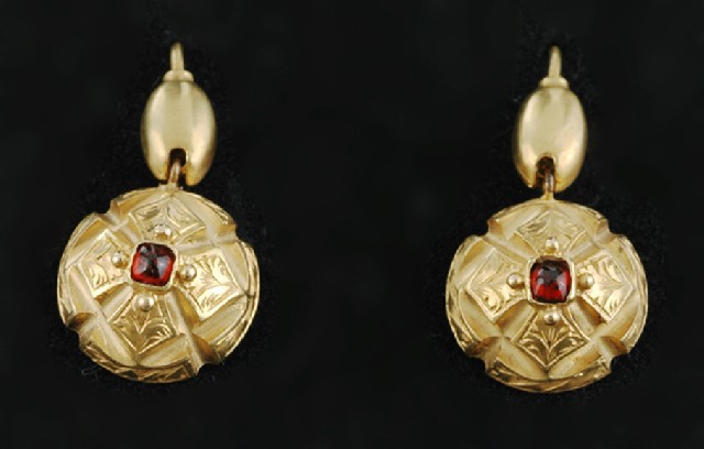 Appraisal: A pair of Antique garnet earrings Comprising ct gold circular