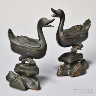 Appraisal: Pair of Bronze Duck-shaped Covered Censors China possibly Ming dynasty