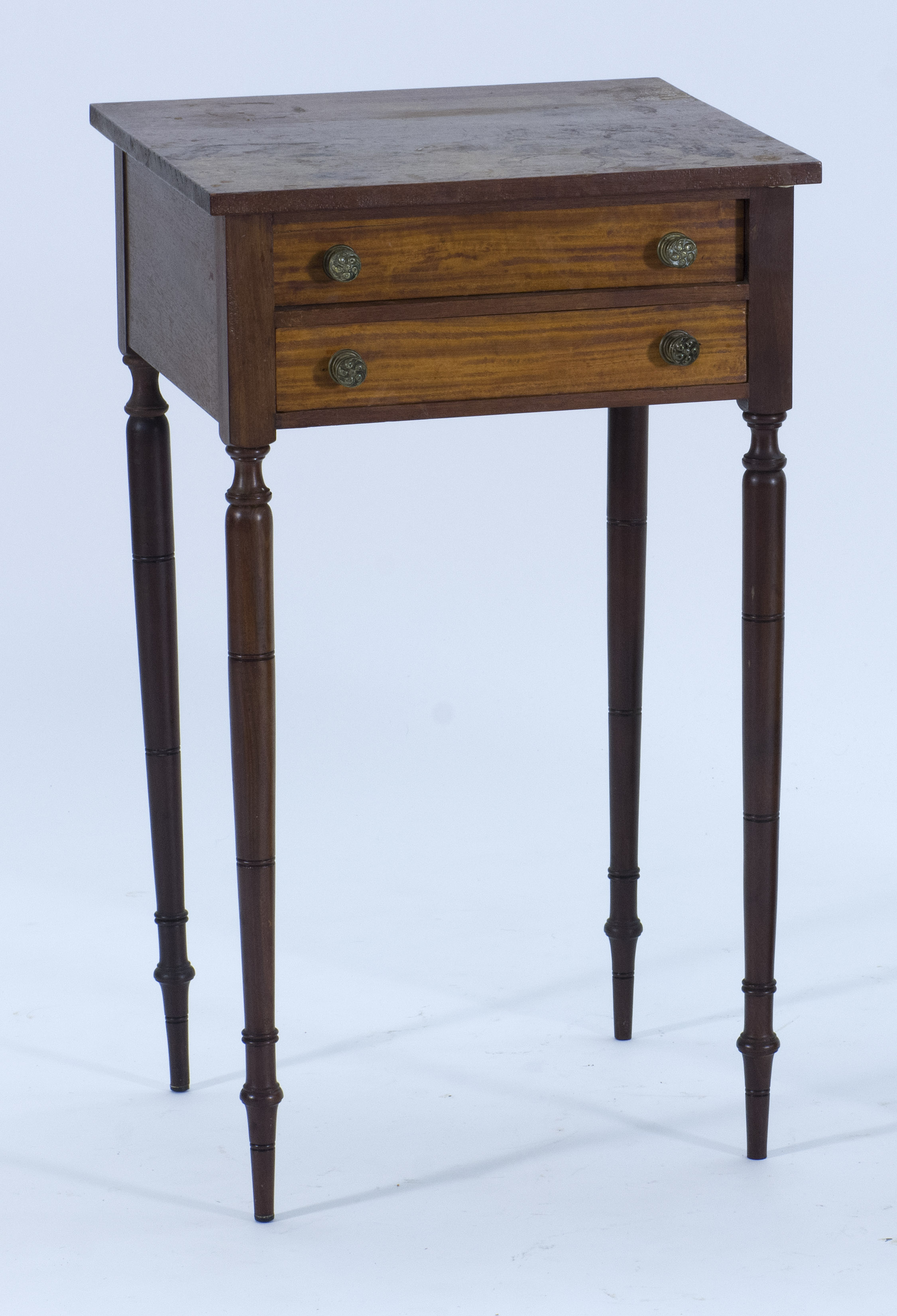 Appraisal: ANTIQUE AMERICAN SHERATON-STYLE TWO-DRAWER STAND Early th CenturyIn mahogany and