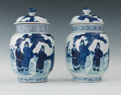 Appraisal: A Pair of Blue White Porcelain Lidded Jars Each apprx