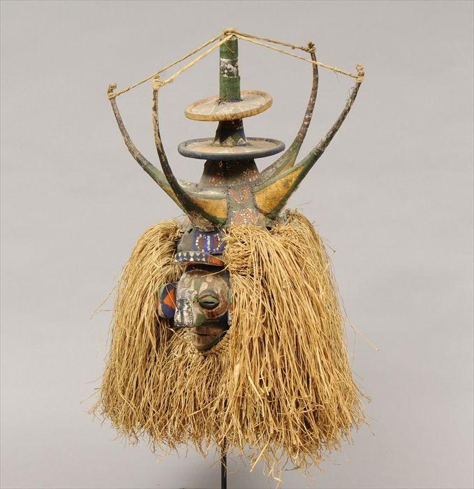 Appraisal: Yaka Polychrome Carved Wood and Raffia Ceremonial Headdress Mounted on