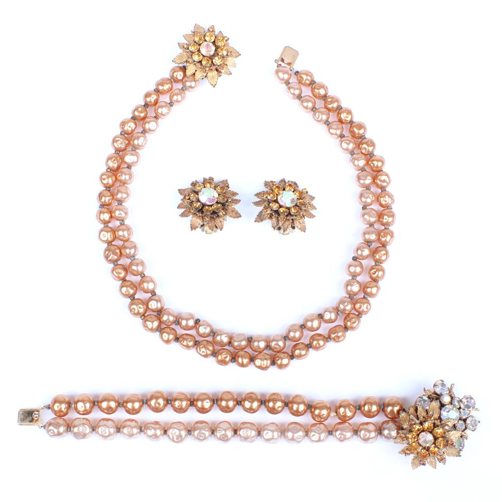 Appraisal: MIRIAM HASKELL PC PARURE WITH DOUBLE STRAND GOLDEN BAROQUE PEARL