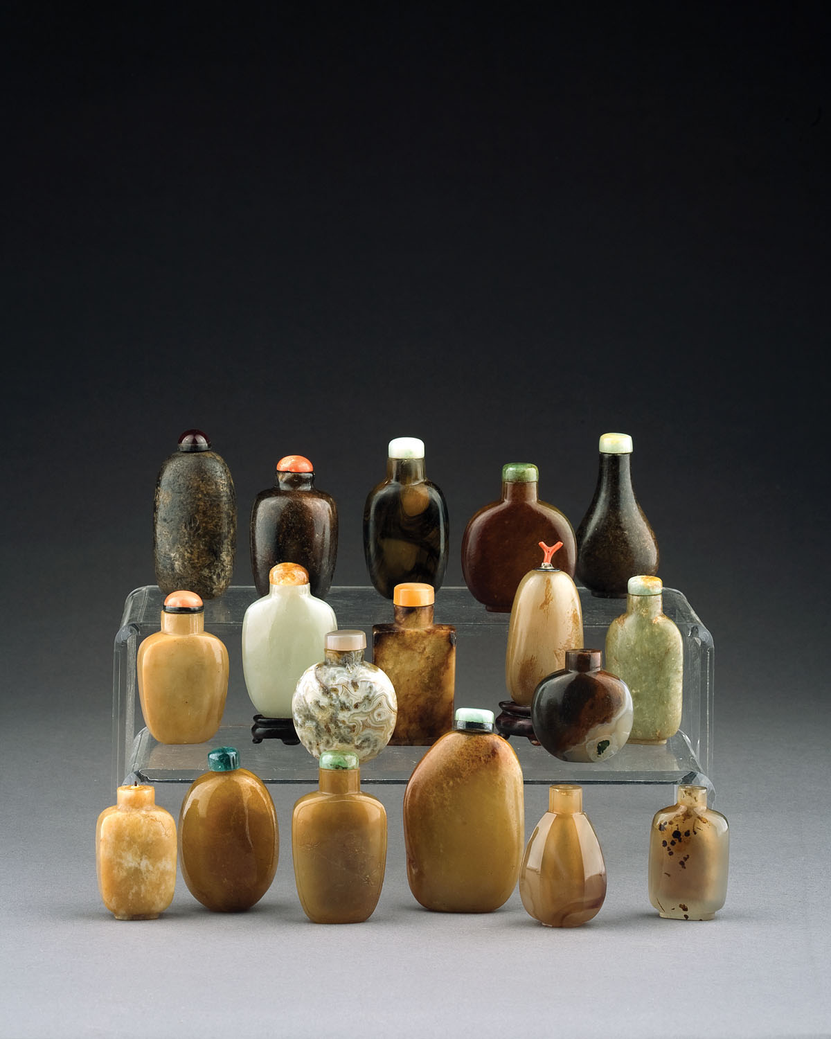 Appraisal: EIGHTEEN CHINESE HARDSTONE SNUFF BOTTLES Heights to inches