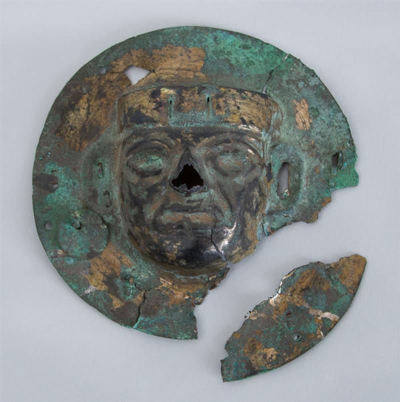 Appraisal: MOCHE GILDED REPOUSS COPPER FIGURAL RONDEL in diam Property from