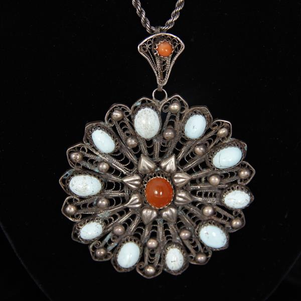 Appraisal: Middle Eastern Ethnic Silver filigree medallion pendant with turquoise and