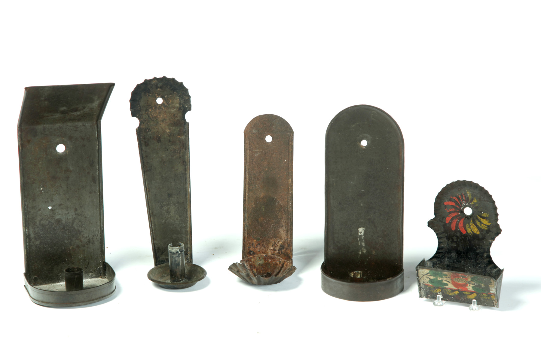 Appraisal: FOUR AMERICAN TIN WALL SCONCES AND A MATCH SAFE Nineteenth-