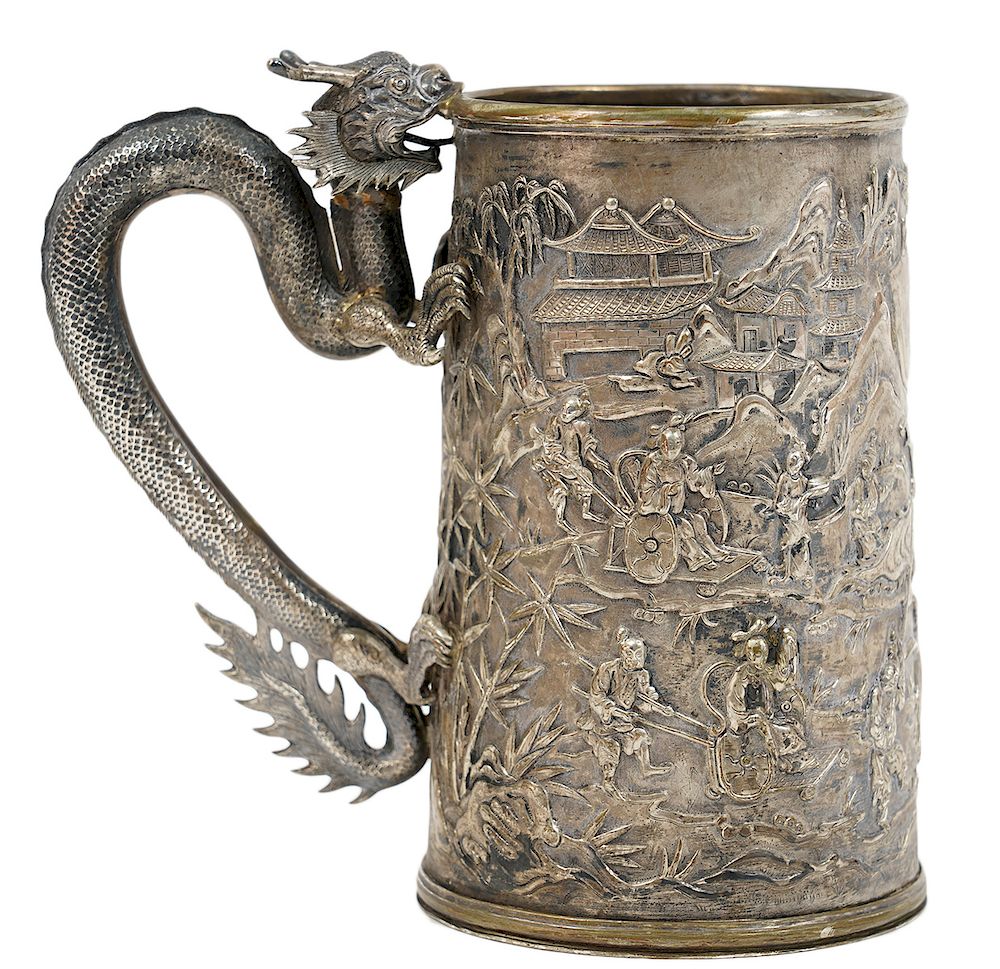 Appraisal: LeeChing Chinese Export Silver Tankard Silver tankard in tapering form