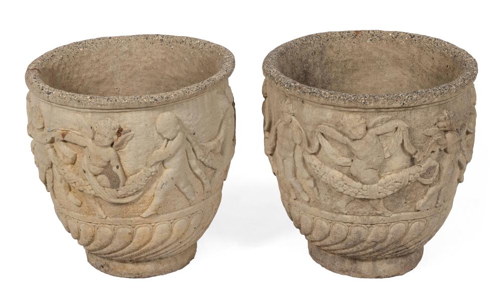 Appraisal: PAIR OF LARGE CAST CEMENT URNS TH CENTURY HEIGHTS DIAMETERS