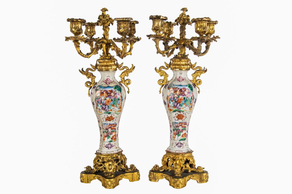 Appraisal: PAIR OF CHINESE EXPORT-STYLE FOUR-LIGHT CANDELABRAwith gilt bronze mounts inches