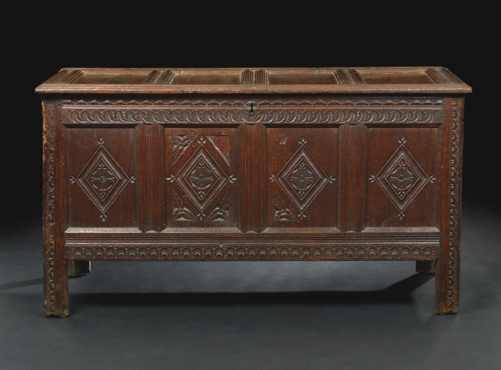 Appraisal: Continental Oak Coffer early th century the paneled top hinged