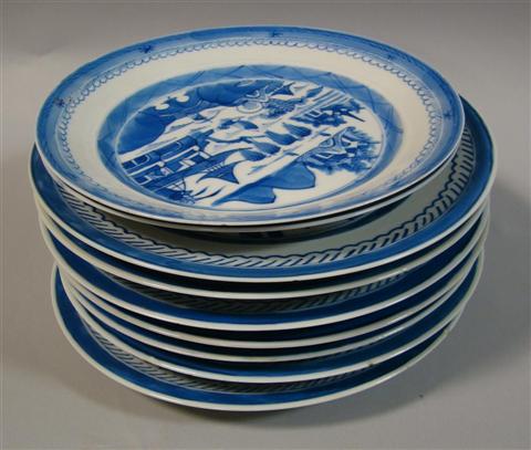 Appraisal: GROUP OF NINE CANTON STYLE BLUE AND WHITE PLATES th