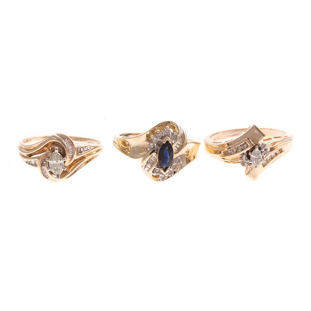 Appraisal: A Trio of Ladies Diamond Sapphire Rings in Gold K