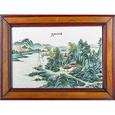 Appraisal: CHINESE PORCELAIN PLAQUE Landscape scene with calligraphy framed th c