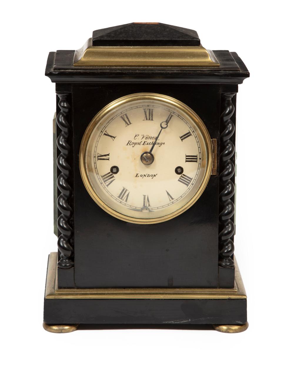 Appraisal: English Brass Mounted Ebonized Mantel Clock th c dial signed