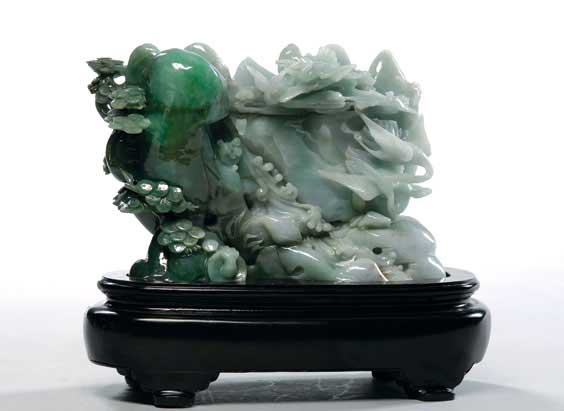 Appraisal: CARVED JADEITE MOUNTAIN Fine Chinese carved jadeite mountain with cranes