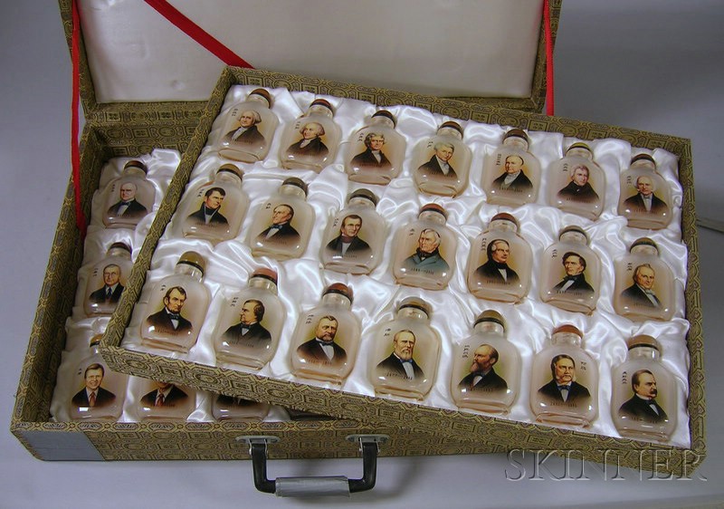 Appraisal: Forty-One Glass Snuff Bottles depicting American presidents cased ht in