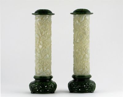 Appraisal: A fine pair of Chinese pale celadon jade cylindrical incense