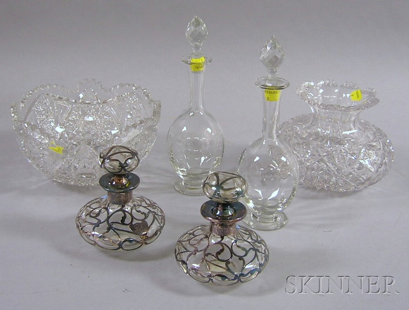 Appraisal: Six Colorless Glass Items a pair of small decanters a