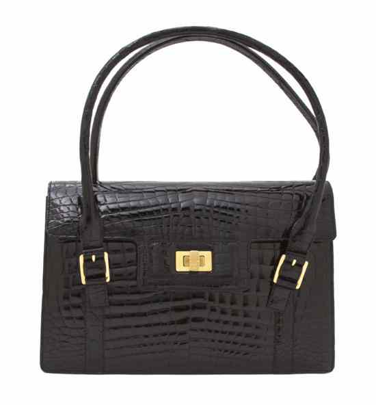 Appraisal: A Lambertson Truex Black Patent Crocodile Bag gold hardware logo