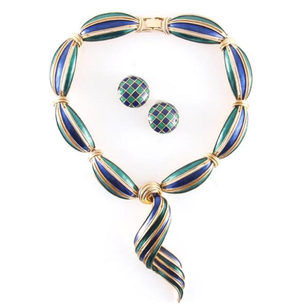 Appraisal: SIGNED BOUCHER GREEN AND BLUE ENAMEL DROP COLLAR NECKLACE WITH