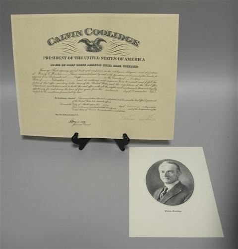 Appraisal: CALVIN COOLIDGE SIGNED PRESIDENTIAL DOCUMENT Presidential appointment document partially printed