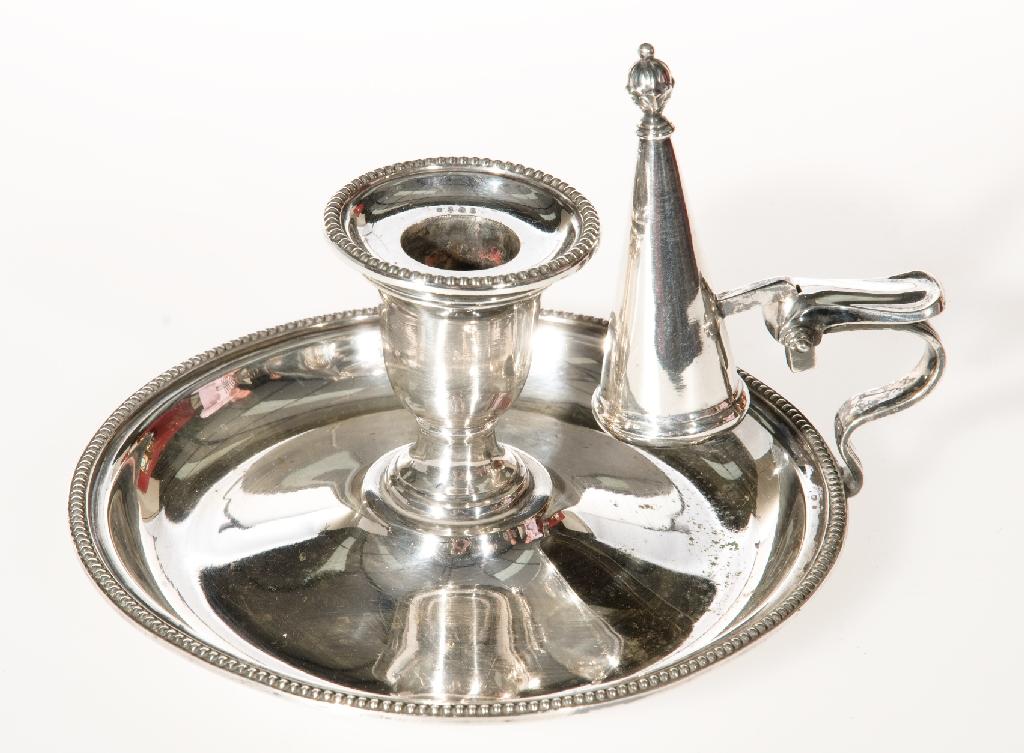 Appraisal: th CENTURY SILVER-PLATED CHAMBERSTICK IN GEORGIAN STYLE with beaded rims