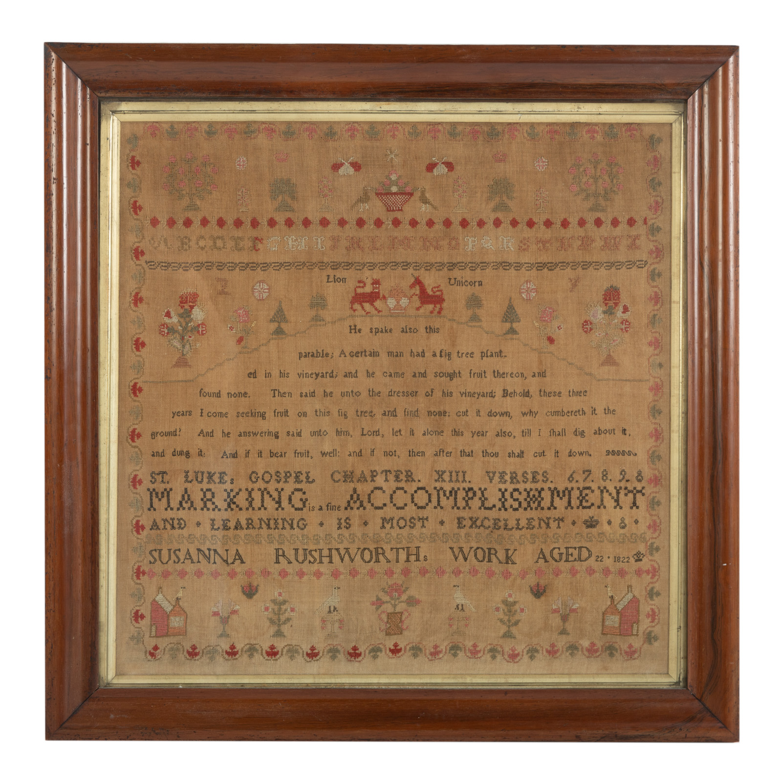 Appraisal: TH CENTURY ENGLISH NEEDLEWORK SAMPLER Worked by Susanna Rushworth dated