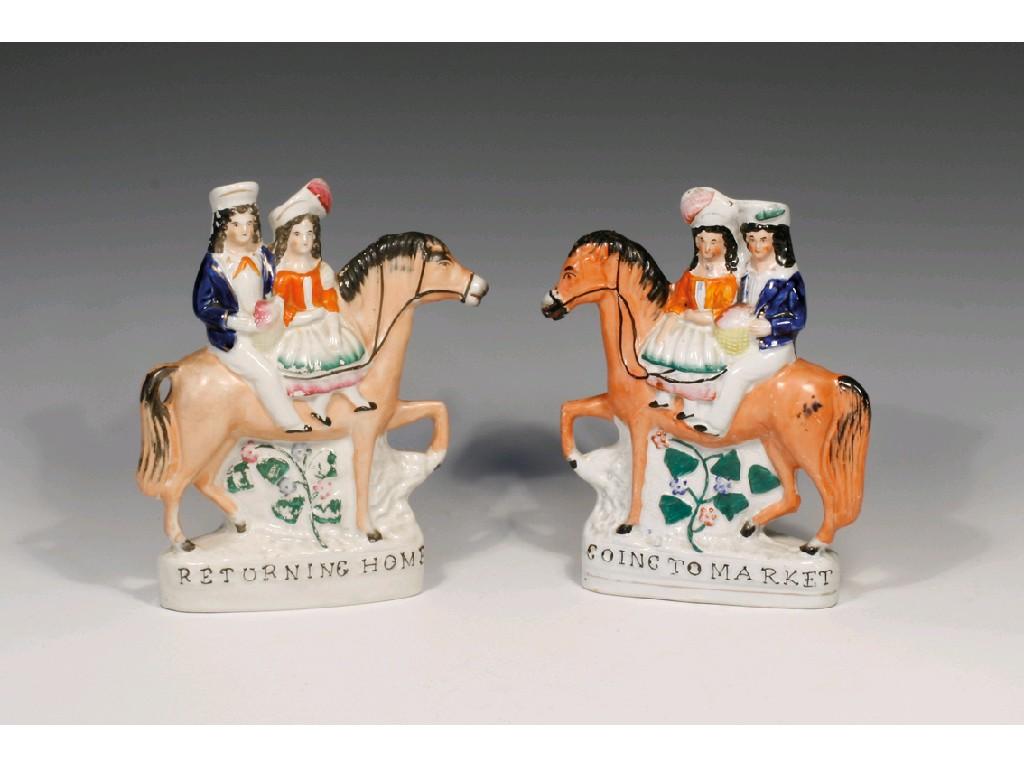 Appraisal: A PAIR OF STAFFORDSHIRE POTTERY EQUESTRIAN GROUPS Going to Market