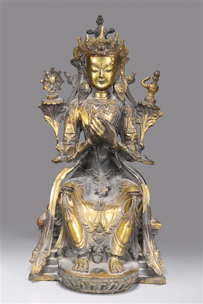 Appraisal: Elaborate Chinese gilt bronze Bodhisattva seated on plinth with flowing