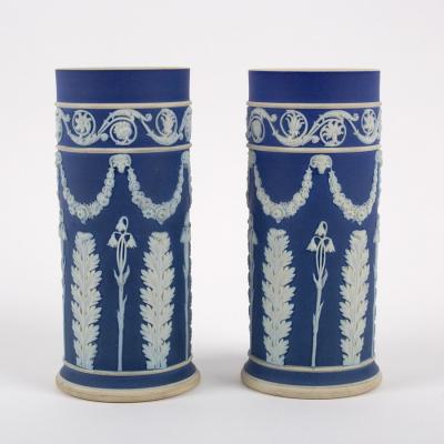 Appraisal: A pair of Wedgwood blue Jasperware cylindrical spill vases first